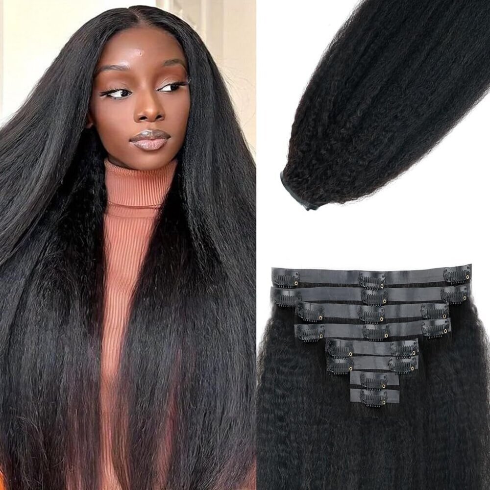 Kinky Straight Clip in Hair Extensions Human Hair 18in Natural Black